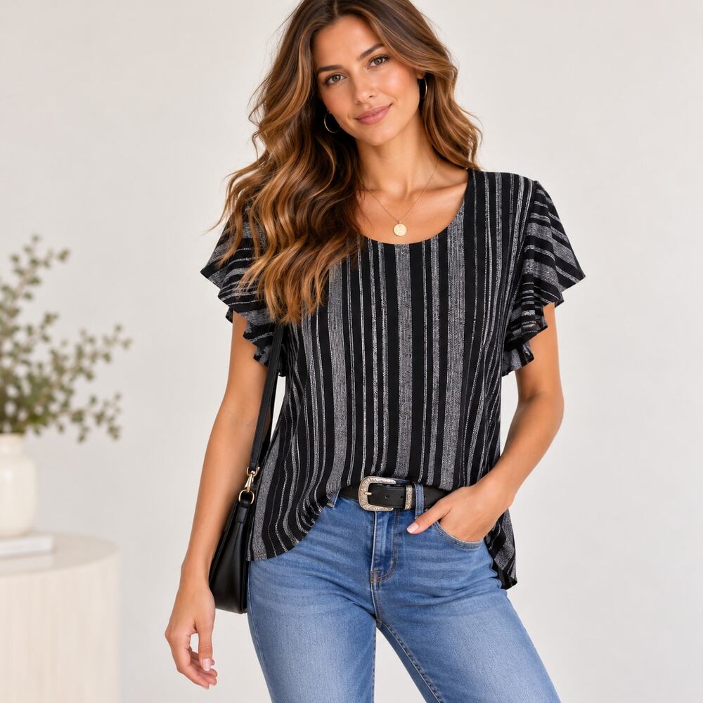 Susan Graver Liquid Knit Blouse Women's Size 1X Black Striped Casual Office NWOT